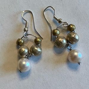 ARTISAN Freshwater Pearl Brass Beads Sterling Silver Earrings 1 3/4” length